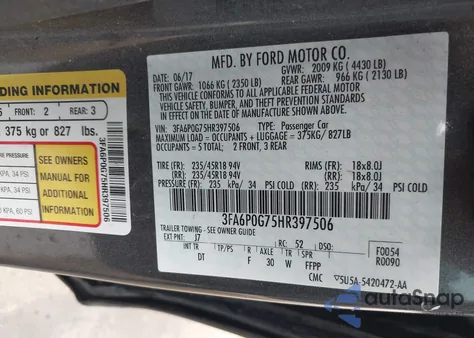 2017 Ford Fusion S z USA, uszkodzony, nr VIN 3FA6P0G75HR397506
